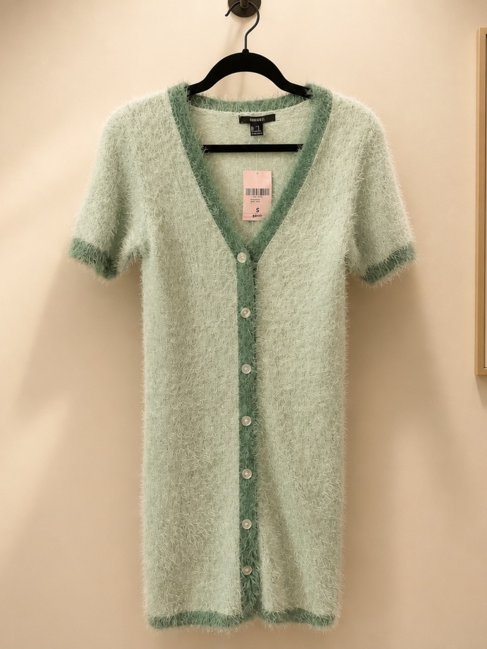 Forever 21 Mint Green Fuzzy V-Neck Button Sweater Dress